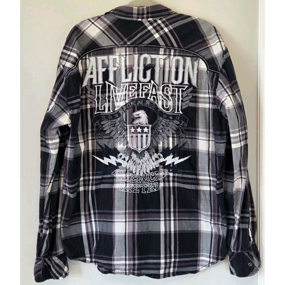Y2K Affliction Black Premium Plaid Long Sleeve Pearl Snap Grunge Embroidered XL